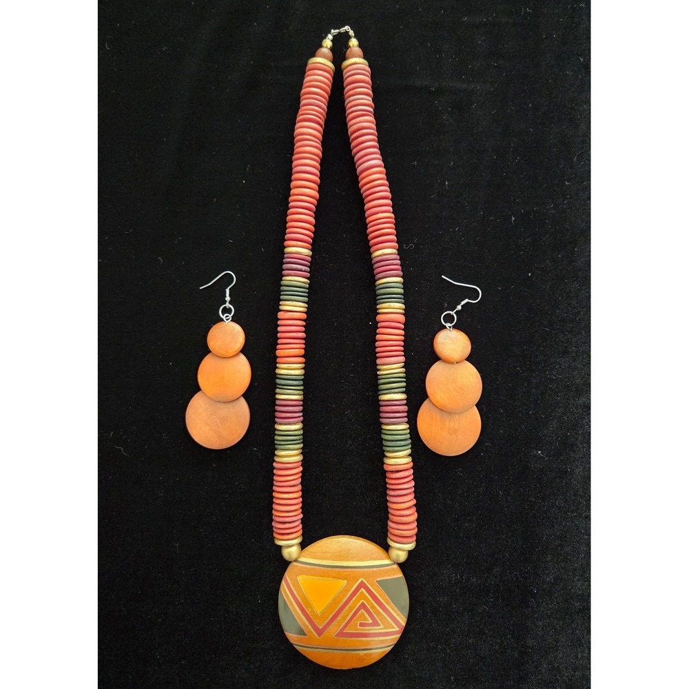 Wooden Beads Geometric Pendant Necklace and Triple Disc Earrings Set Boho Tribal